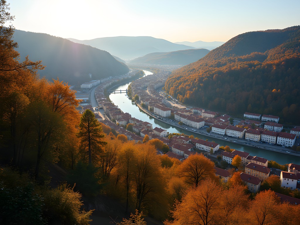 Panoramic autumn view of Karlovy Vary from Diana Lookout Tower with colorful fall foliage