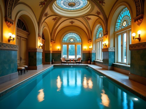 Elegant art nouveau interior of a historic spa in Karlovy Vary with thermal pools and ornate ceiling