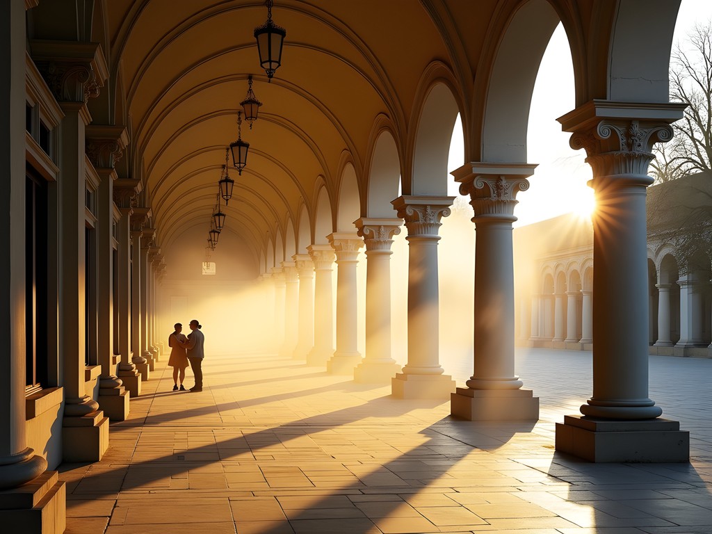 Early morning light streaming through the Mill Colonnade in Karlovy Vary as visitors collect thermal water