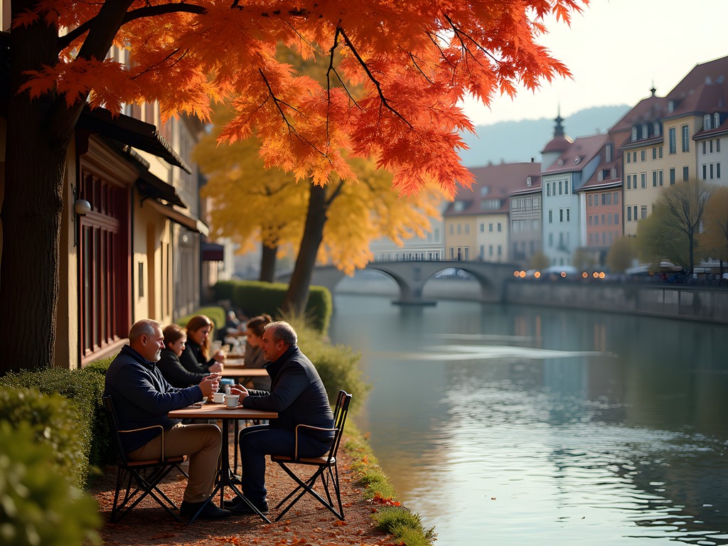 Cozy riverside café in Karlovy Vary with colorful autumn foliage and couples enjoying morning coffee