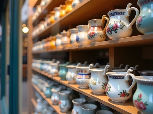 Colorful display of traditional Czech porcelain spa cups (poháreks) in a Karlovy Vary shop window