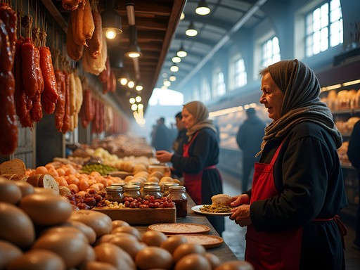 Kaunas Central Market with local vendors selling traditional Lithuanian foods
