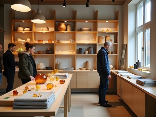 Interior of a Lithuanian design shop in Kaunas showcasing local crafts and contemporary design