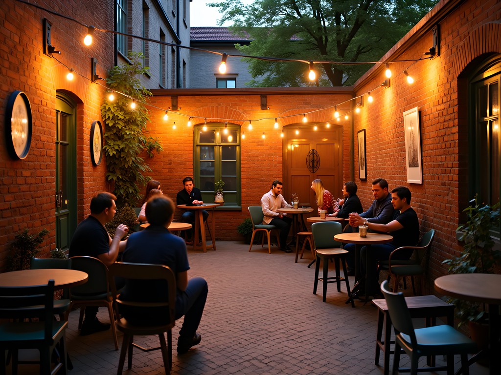 Hidden courtyard cultural space in Kaunas with locals enjoying an evening arts event