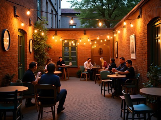 Hidden courtyard cultural space in Kaunas with locals enjoying an evening arts event