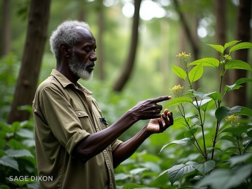 Local guide showing medicinal plants in Kambui Hills Forest Reserve near Kenema