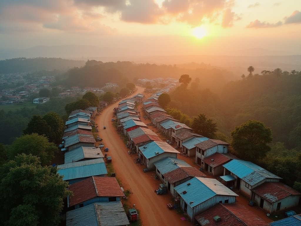 Aerial view of Kenema city at sunrise showing colorful zinc rooftops and surrounding forests