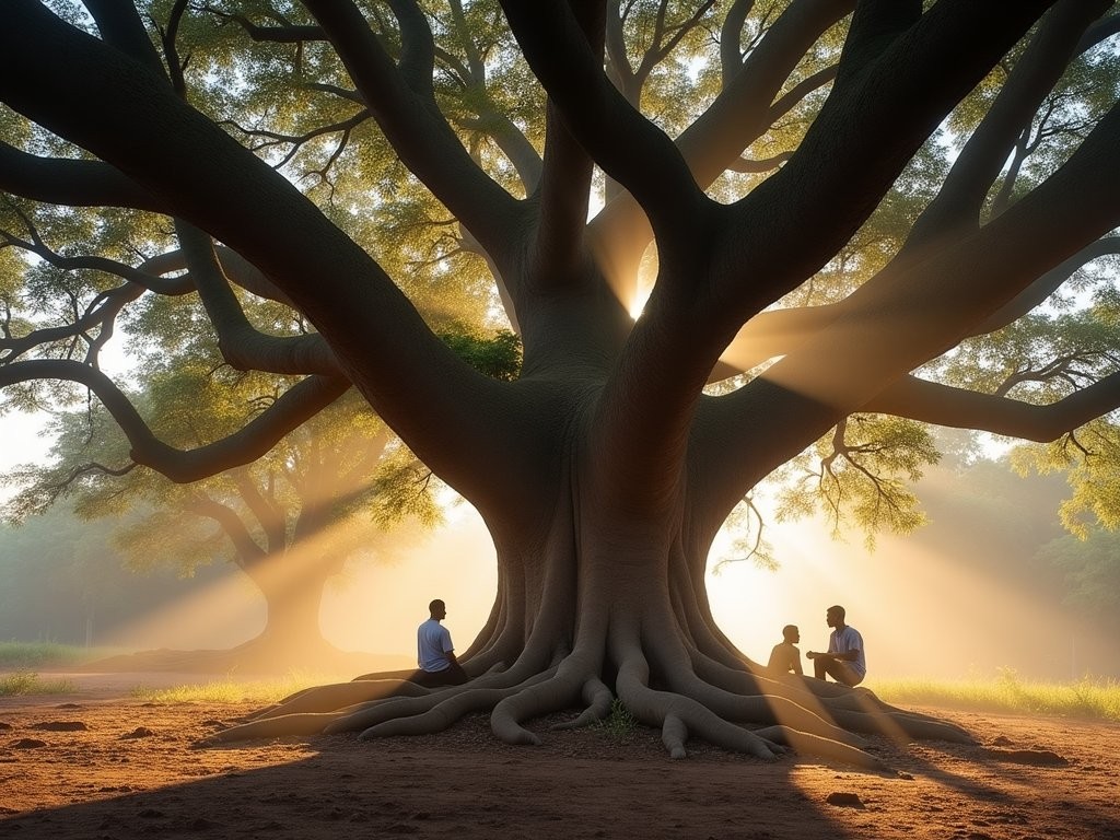 Ancient cotton tree in central Kenema with morning light filtering through branches