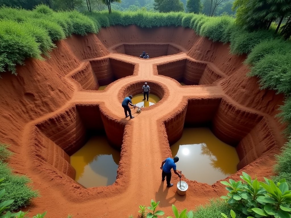 Artisanal diamond miners working at geometric mining pits outside Kenema