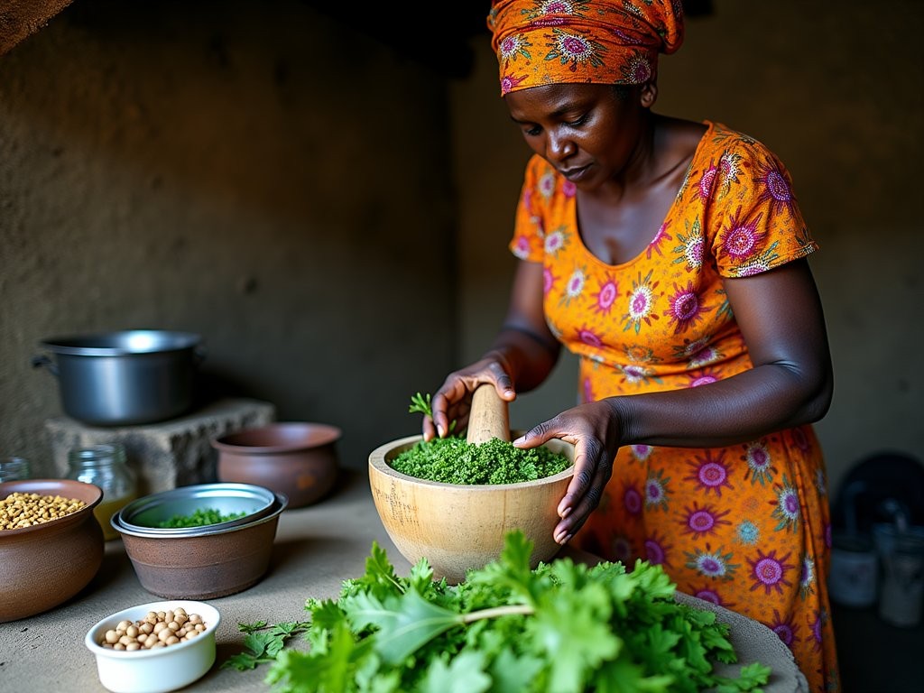 Local woman preparing traditional cassava leaf stew in Kenema