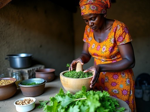 Local woman preparing traditional cassava leaf stew in Kenema