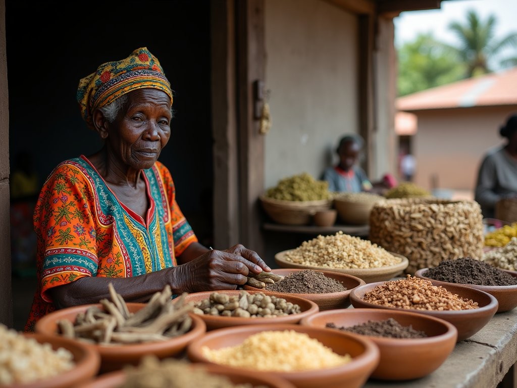 Traditional herbalist displaying medicinal plants and roots at Kenema market