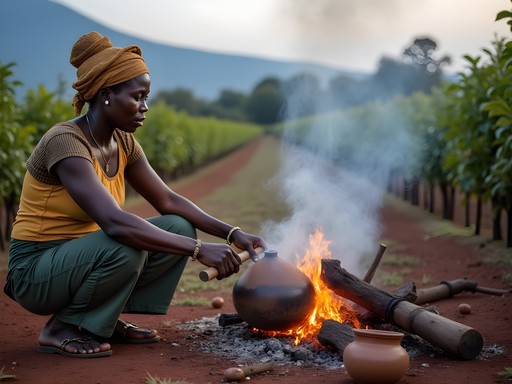 Traditional coffee roasting demonstration on Kilimanjaro slopes in Machame village