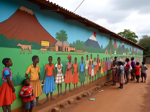 Colorful community mural in Kibosho village depicting Chagga culture and Mount Kilimanjaro