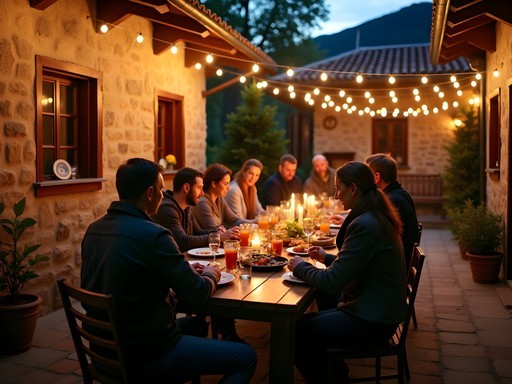 Authentic evening gathering with locals in Koprivshtitsa guesthouse courtyard