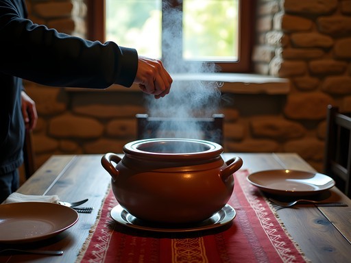 Traditional Bulgarian meal being served in clay pot at authentic mehana in Koprivshtitsa