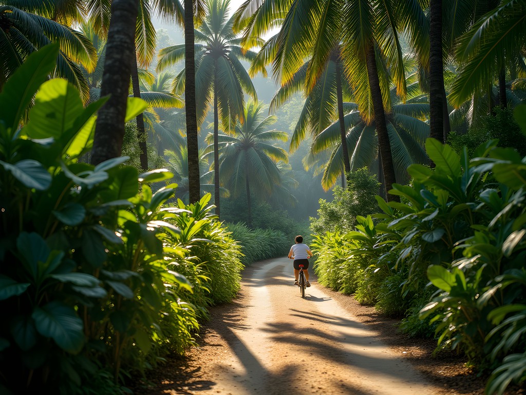 Woman cycling on a narrow jungle path in La Digue with dappled sunlight filtering through palm fronds