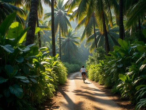 Woman cycling on a narrow jungle path in La Digue with dappled sunlight filtering through palm fronds