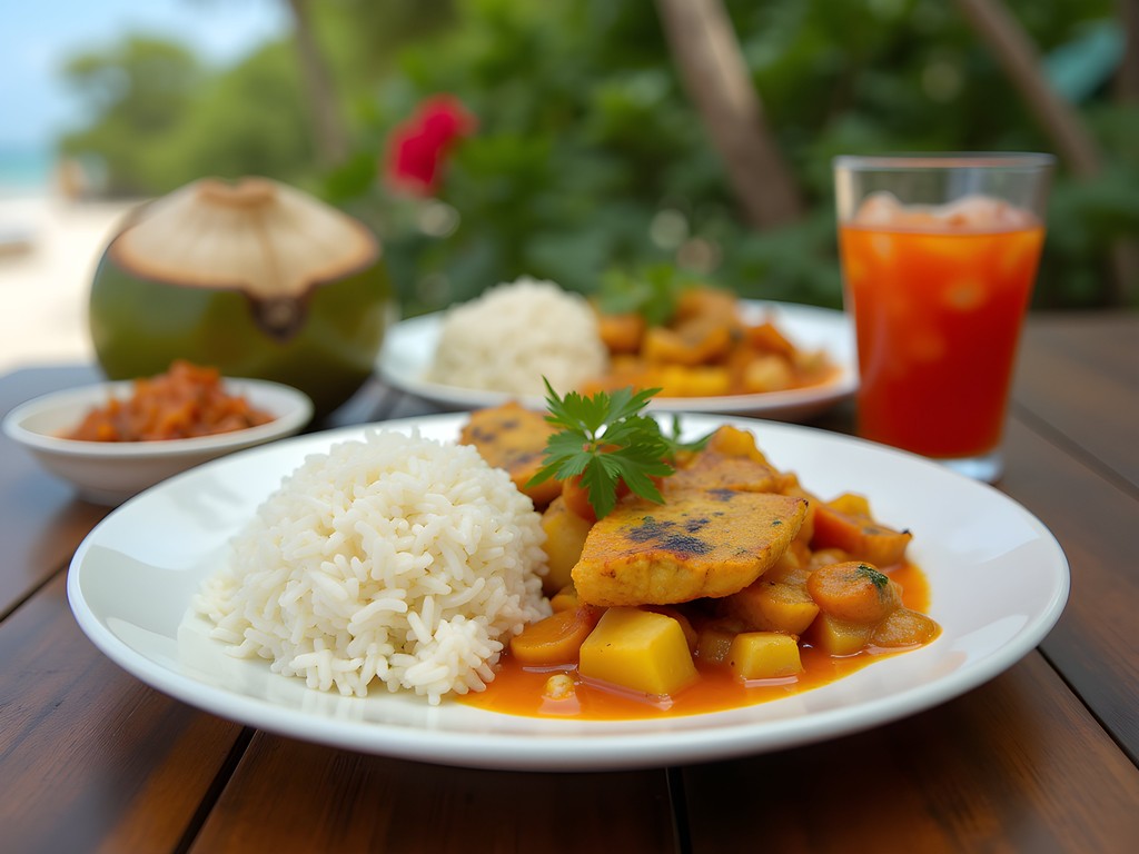 Authentic Creole fish curry served in a simple outdoor setting with tropical flowers and local ingredients