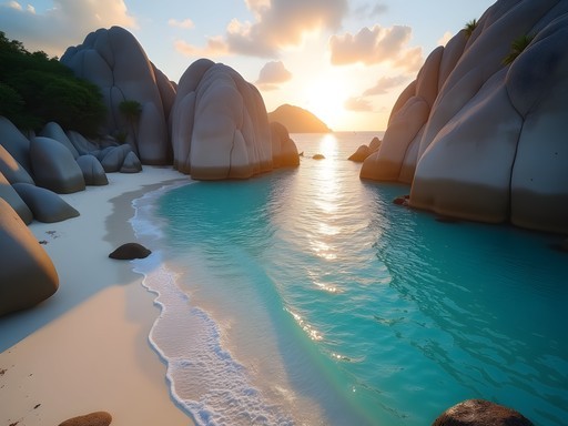 Secluded beach with massive granite boulders and crystal clear turquoise water at sunrise in La Digue