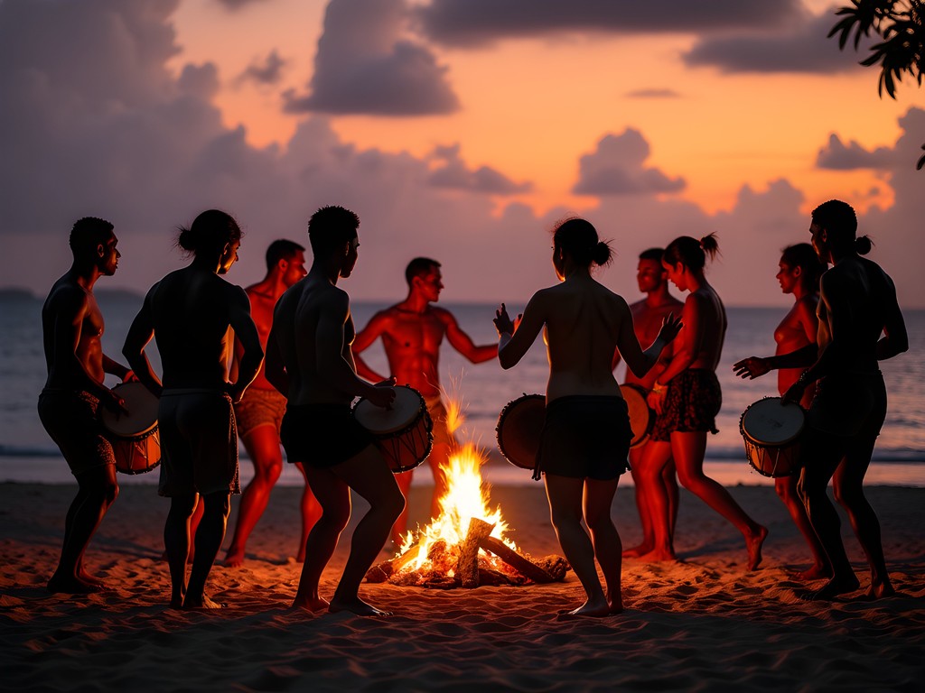 Traditional Seychellois moutya dance around bonfire at sunset with drummers and dancers in silhouette