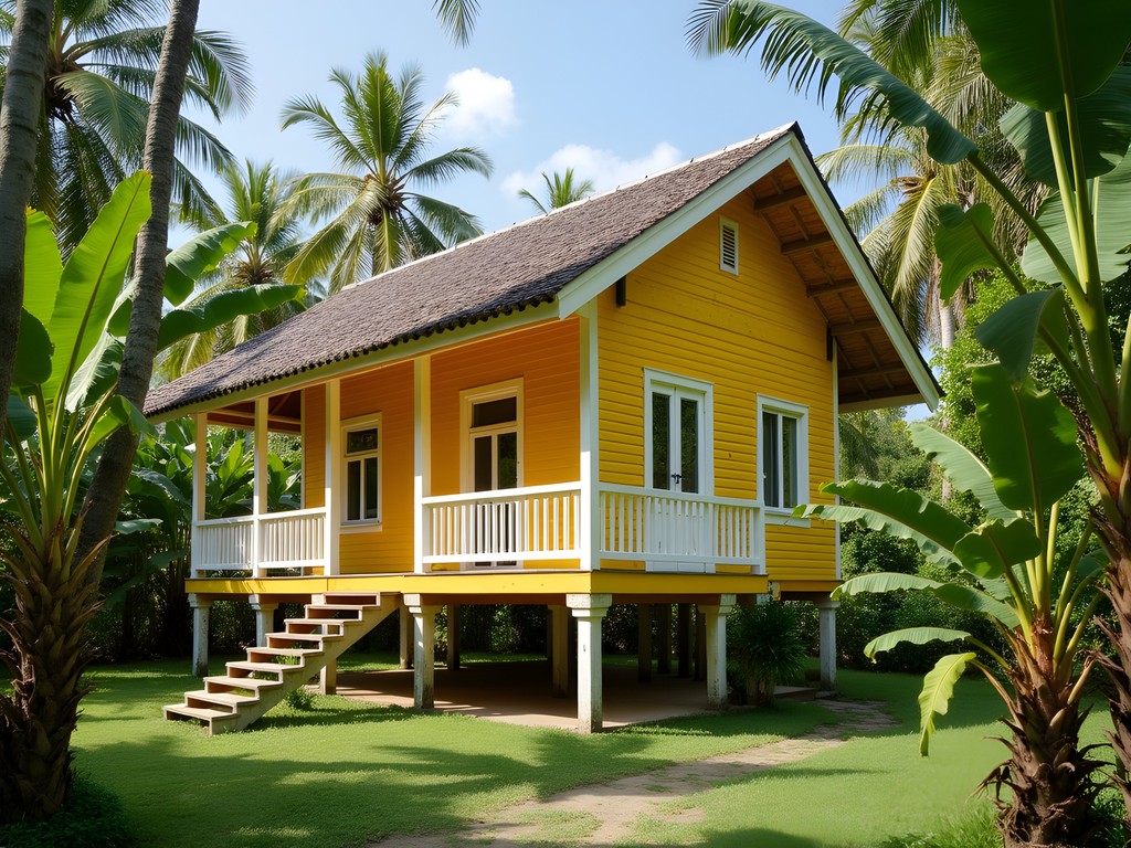 Traditional wooden Creole house on stilts surrounded by tropical permaculture garden with fruit trees and flowers