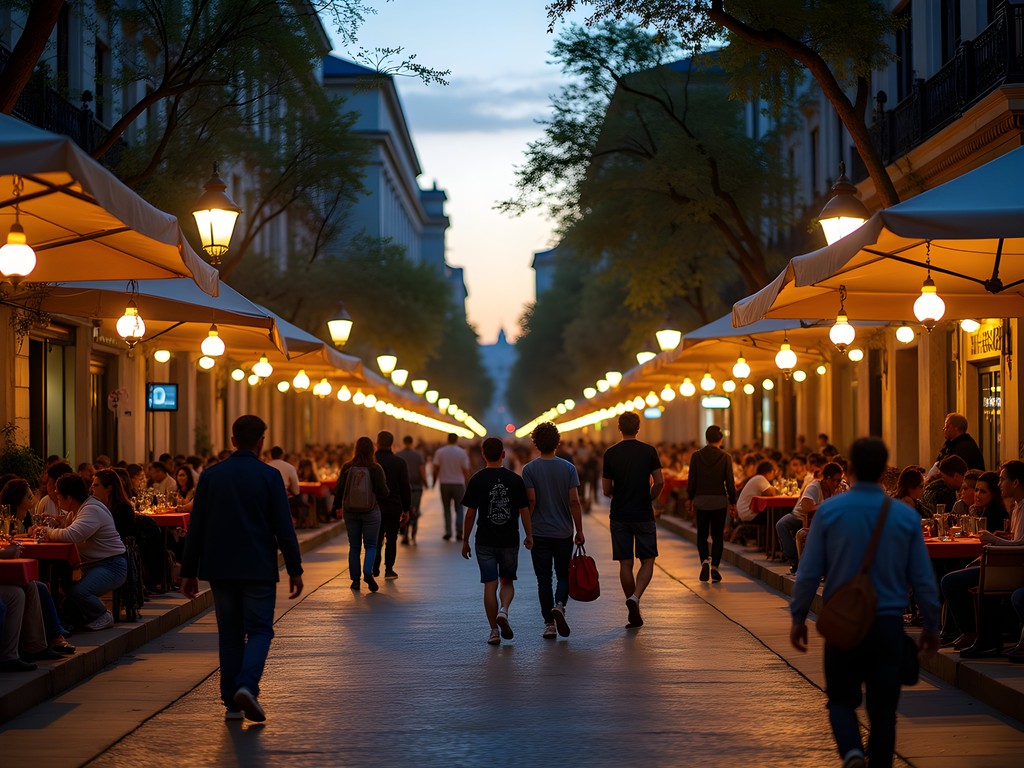 Evening life on Diagonal 74 in La Plata with students, street performers and café terraces
