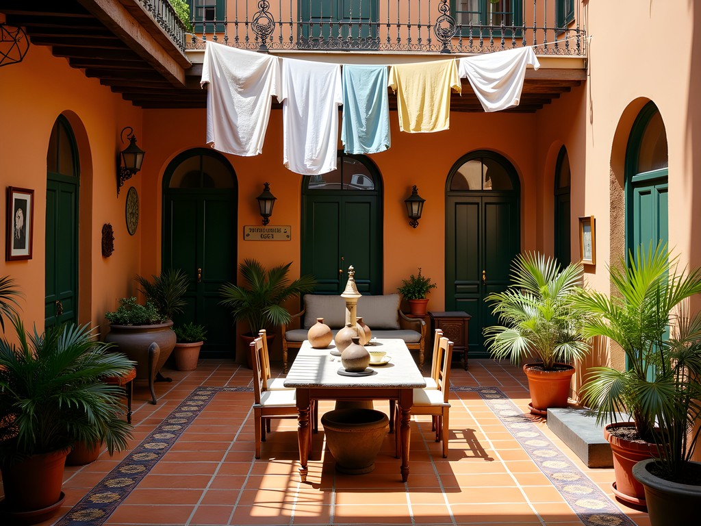 Traditional Argentine pensión interior courtyard with plants and communal seating in La Plata