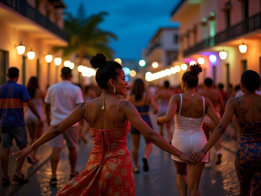 Locals and visitors dancing together during La Vega Carnival celebrations