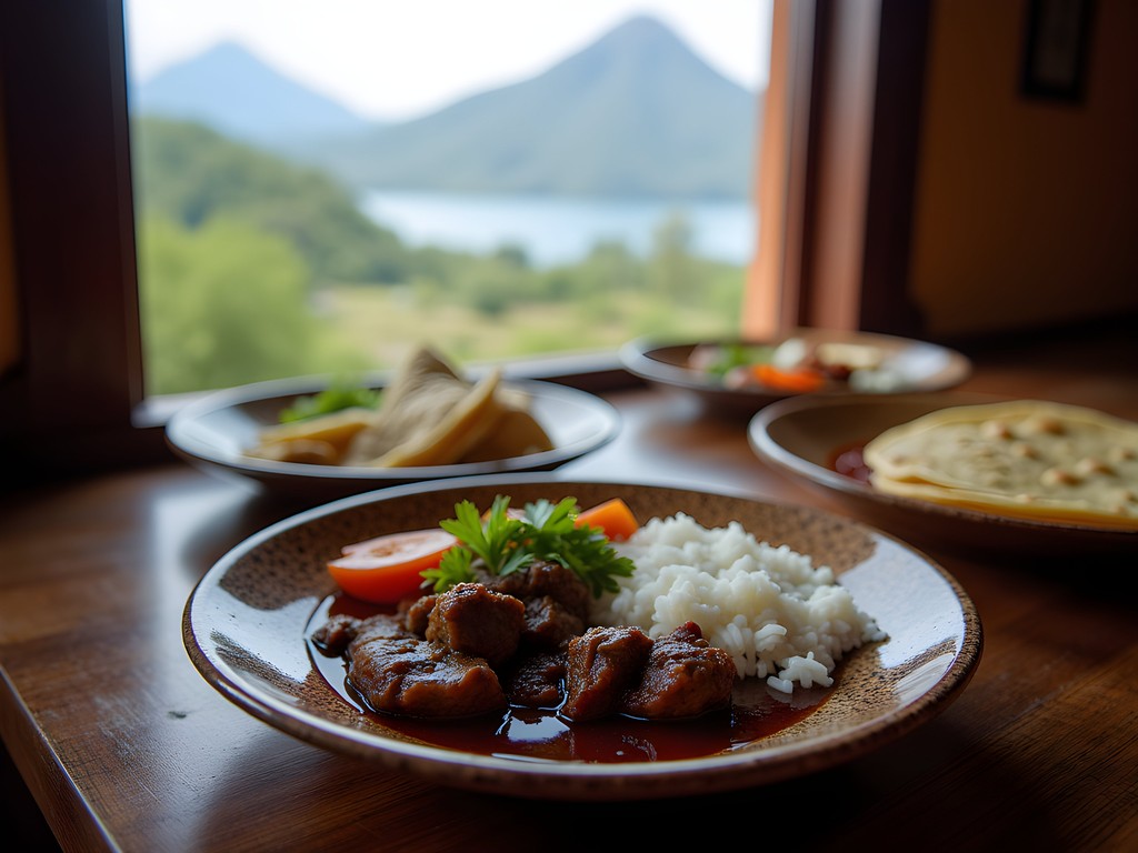 Traditional Guatemalan meal served in a family-run comedor with view of Lake Atitlan