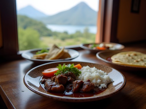 Traditional Guatemalan meal served in a family-run comedor with view of Lake Atitlan