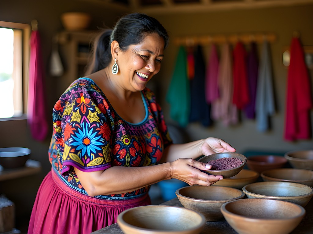 Mayan woman demonstrating natural dyeing process at textile cooperative in San Juan La Laguna