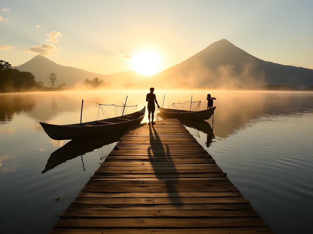 Wooden dock extending into Lake Atitlan at sunrise with yoga practitioners and fishermen sharing the morning