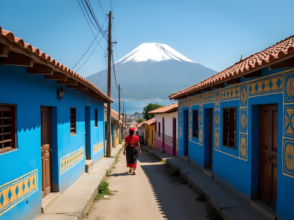 Colorfully painted houses in Santa Catarina Palopó with traditional textile patterns and Lake Atitlan view