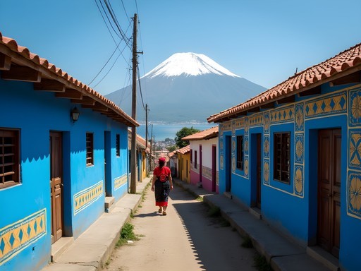 Colorfully painted houses in Santa Catarina Palopó with traditional textile patterns and Lake Atitlan view