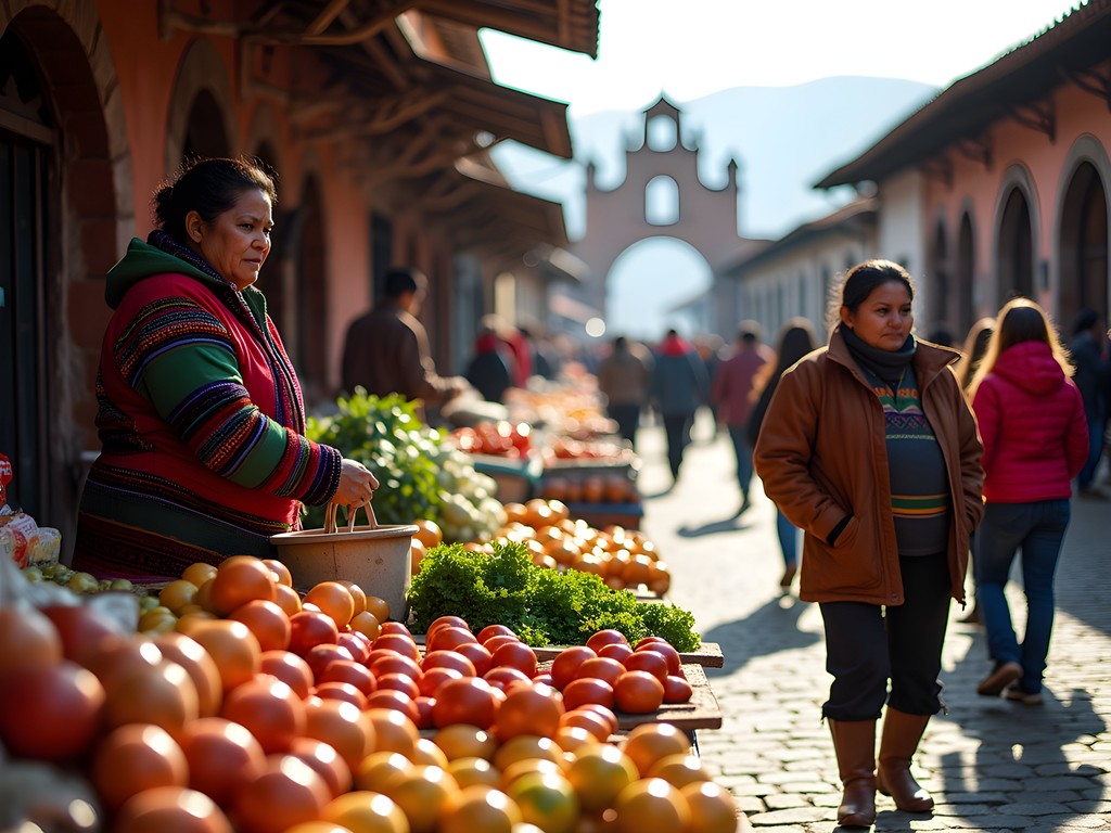 Colorful market day in Santiago Atitlan with local vendors selling produce and textiles