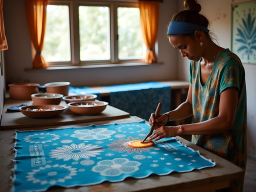 Traditional Javanese batik workshop in Lelydorp showing fabric dyeing process