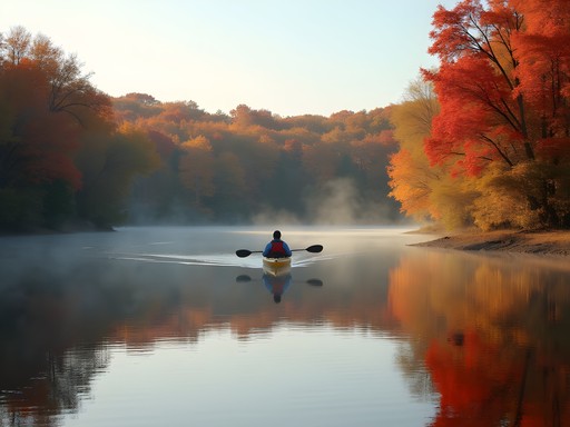 Kayaking on Shawnee Mission Lake surrounded by fall foliage