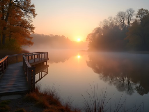 Misty sunrise over Lake Lenexa at Black Hoof Park