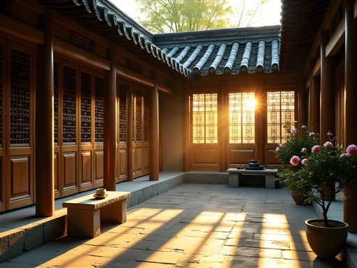 Secluded traditional wooden courtyard with afternoon light filtering through carved screens in Lijiang