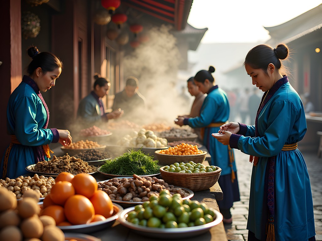 Early morning local food market in Lijiang with Naxi vendors and fresh produce