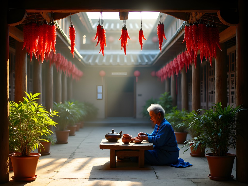 Traditional Naxi family courtyard home with wooden architecture and morning light in Baisha Village near Lijiang