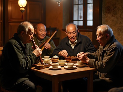 Elderly Naxi musicians playing traditional instruments in intimate evening gathering in Lijiang