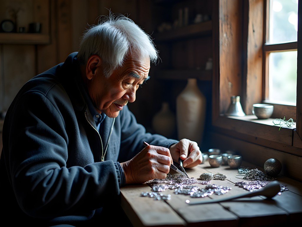 Traditional Naxi silversmith working in hidden workshop in Lijiang Old Town