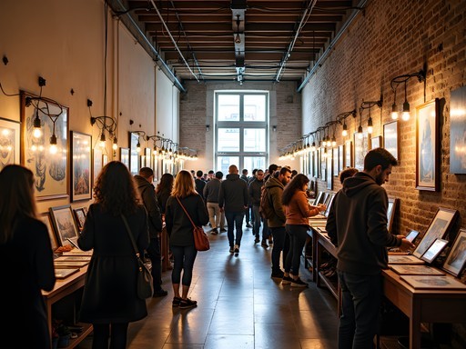 Vibrant art market inside Anjos70 cultural space with local artists and visitors