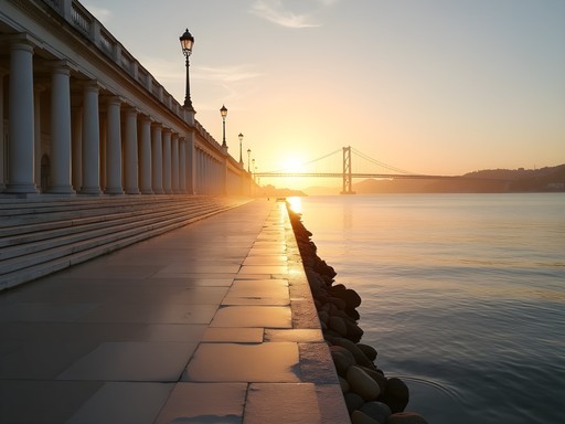 Empty Cais das Colunas pier at sunrise with golden light on the Tagus River