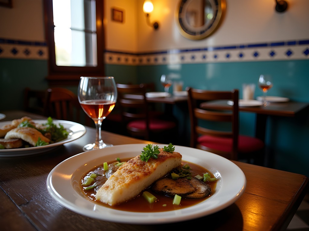 Authentic Portuguese meal with bacalhau, wine, and bread in a tiny local tasca