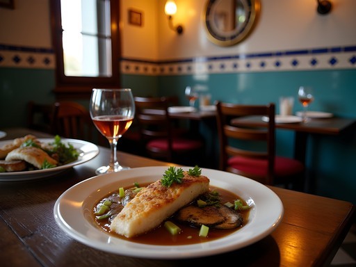 Authentic Portuguese meal with bacalhau, wine, and bread in a tiny local tasca