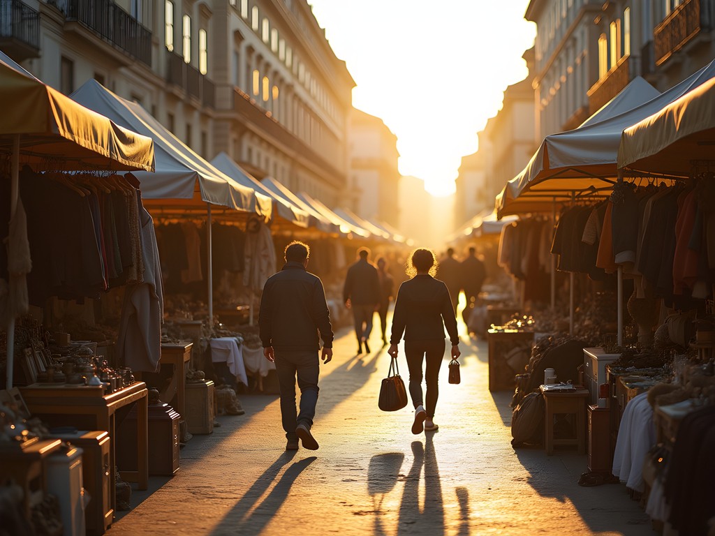 Early morning at Feira da Ladra flea market in Lisbon with vintage items and antiques
