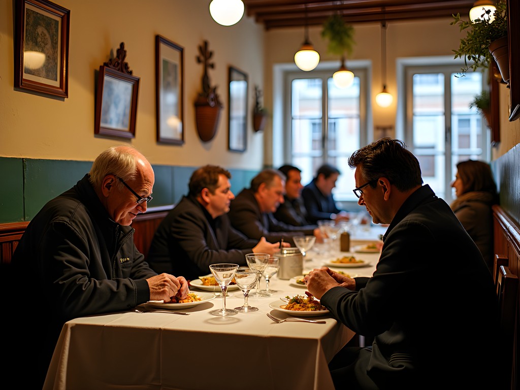 Interior of traditional Lisbon tasca with locals enjoying lunch at communal tables